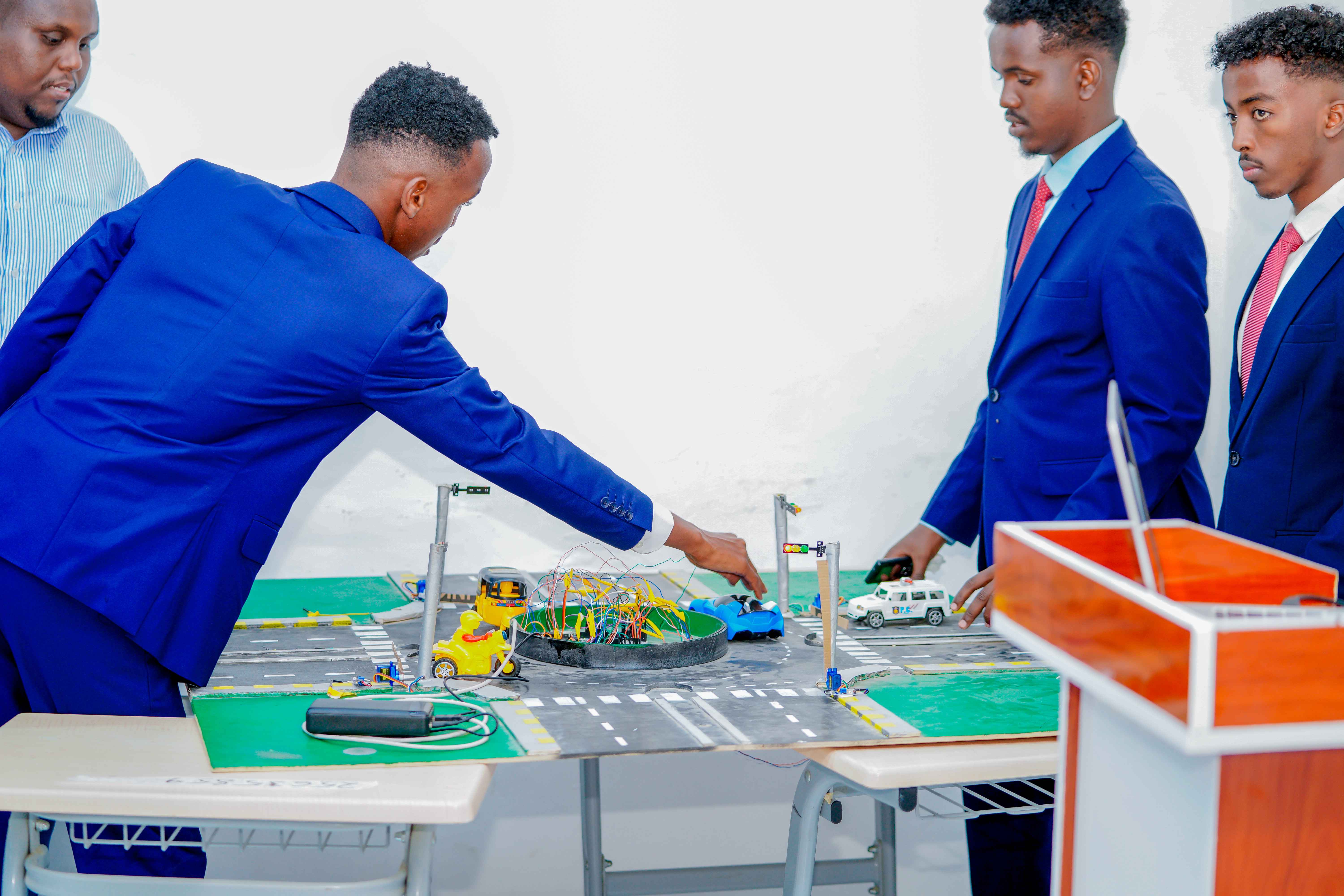 Engineering students working on robotics project